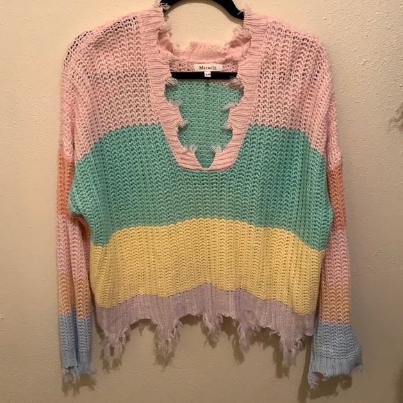Sweaters - Pastel Color Block Distressed Sweater